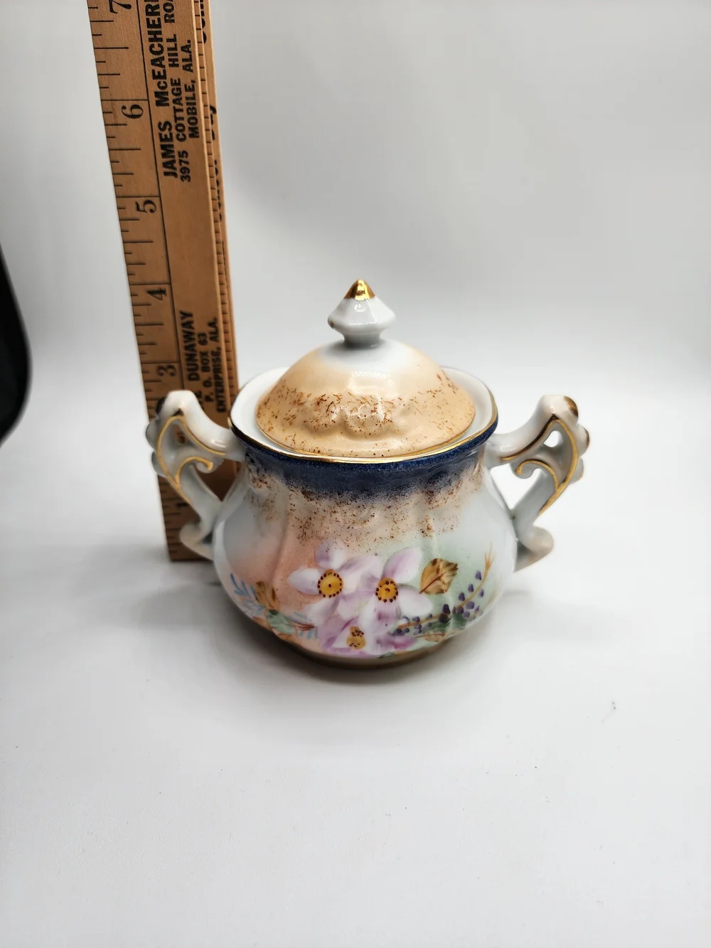 Vintage Porcelain Floral Sugar Bowl with Gold Accents Garden Scene English Tea